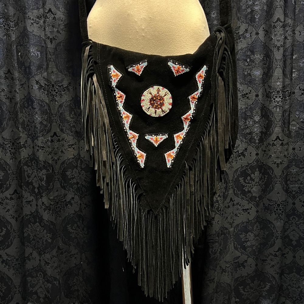 Suede Black Fringe Shoulder Bag - Native style beadwork